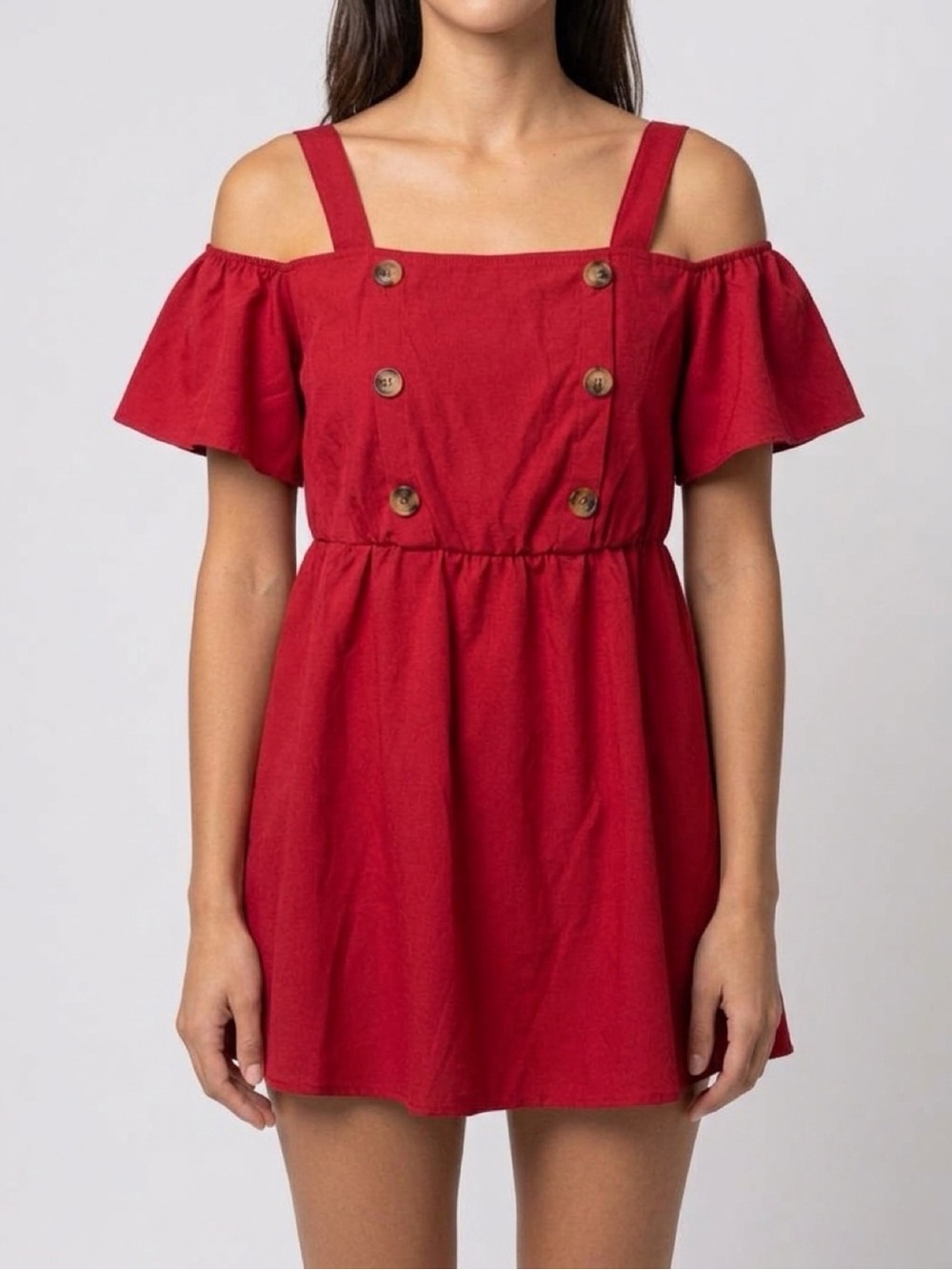 Off-Shoulder Red Button-Front Women's Top - Picture 2 of 4